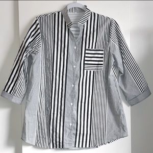 Multi stripe black and white cotton button down shirt with adjustable sleeves